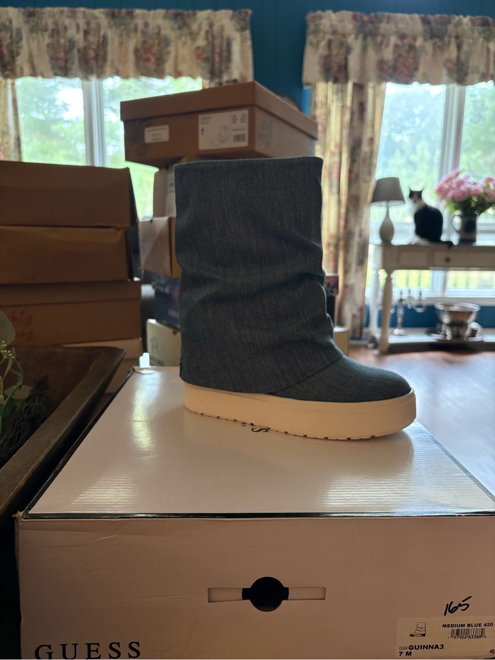 GUESS womens Medium Blue Slouchy Platform Boot with Cream Sole